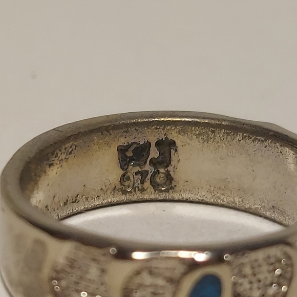 Vintage Silver Ring Crushed Turquoise & Coral Hearts Ring Size 7 Signed - Picture 8 of 11